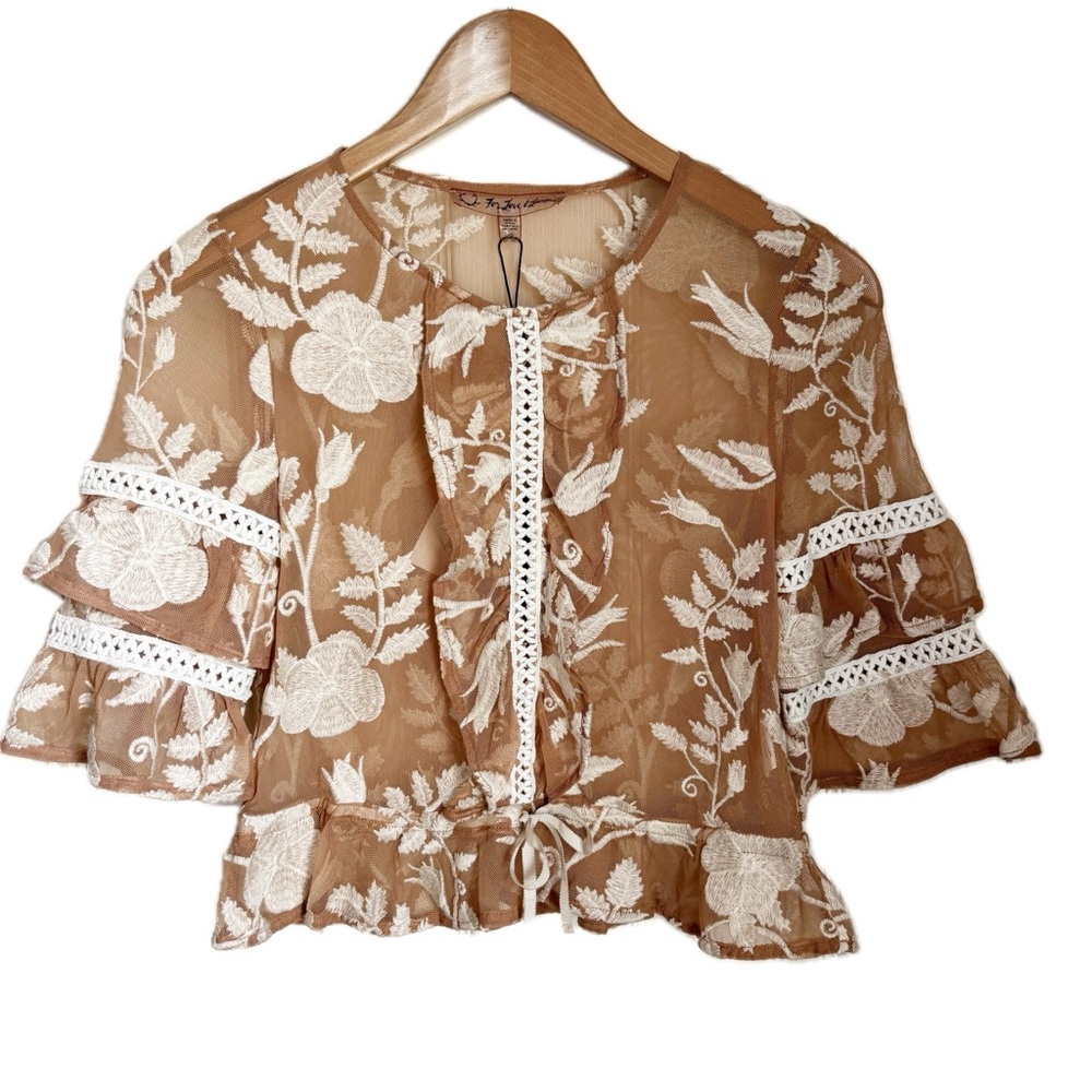 For Love And Lemons Emilia Crop Top Blouse Floral Embroidered Sheer Mesh XS
